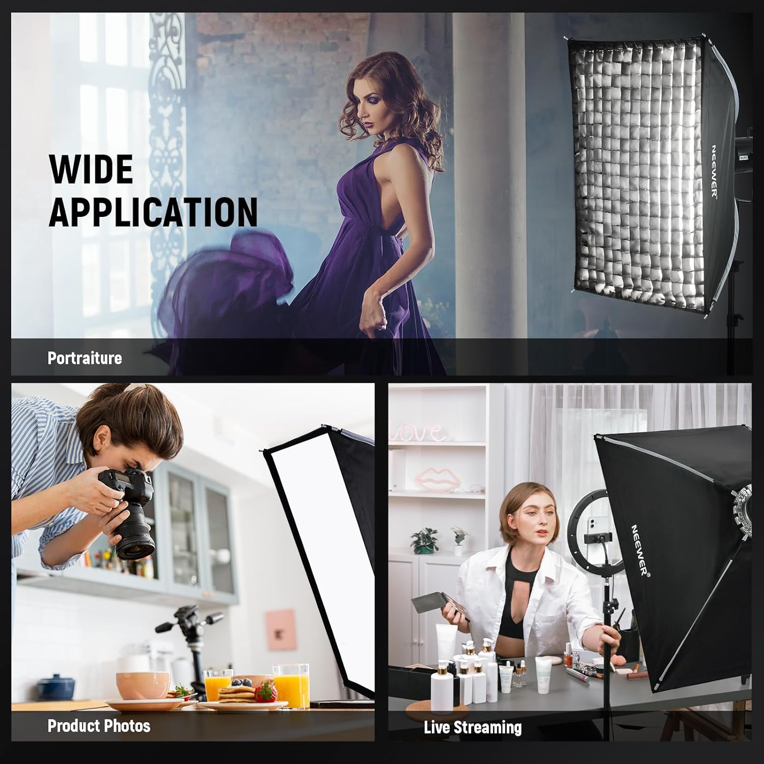 Thumbnail 6 de NEEWER 24x35" Quick Setup Foldable Rectangular Strip Softbox (Bowens mount) with diffusers & honeycomb grid