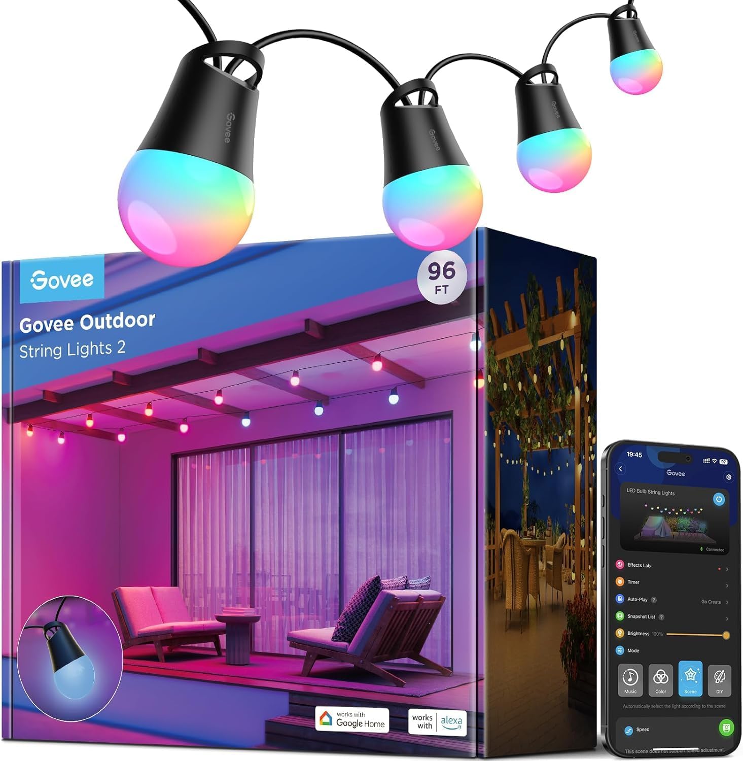 Detalle de Govee Outdoor Smart String Lights 2 (30m) — dimmable RGBICW outdoor lights with Alexa & Google Assistant
