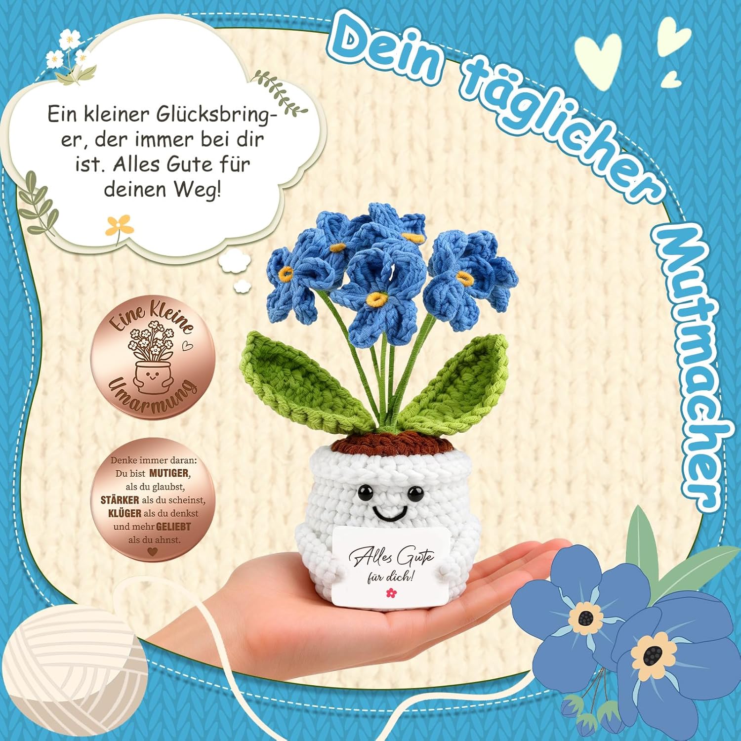 Thumbnail 4 de Giftota Mutmacher: Pocket Hug Vergissmeinnicht – handgehäkelte Blume im Lederetui