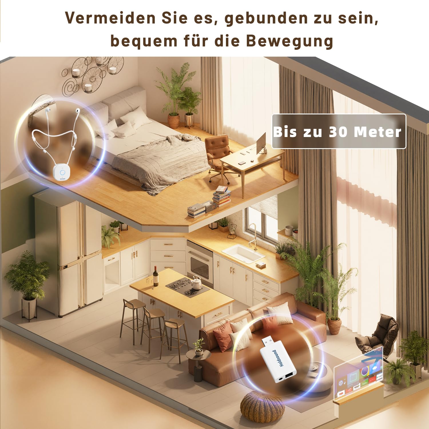 Thumbnail 3 de Holdsound Funkkopfhörer Kabellos für TV (Milchweiß) – Bluetooth-freies System mit USB-Sender, 30 m Reichweite, 15 Std Laufzeit