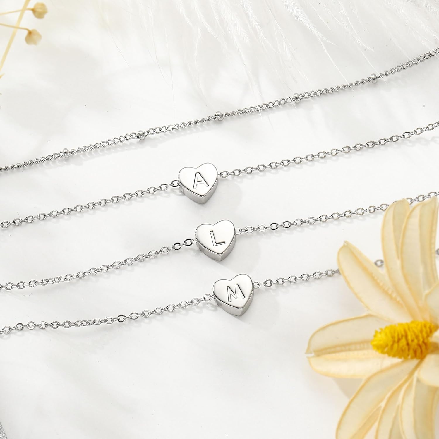 Thumbnail 6 de TINGN Bracelet cœur en argent et plaqué or blanc 14 carats avec initiales – Bracelet à breloques cœur, duo élégant