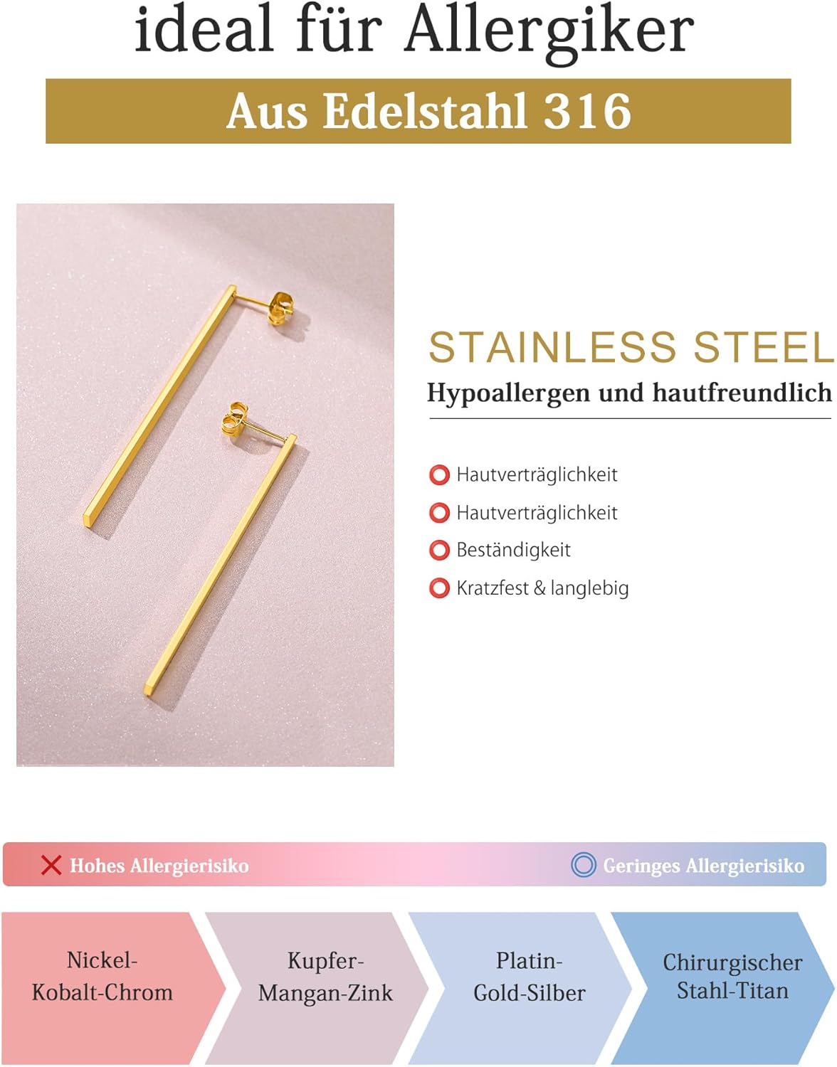 Thumbnail 4 de FindChic Edelstahl Stab Ohrringe Damen Lang – Minimalistische Statement Ohrringe in Gold, Silber Schwarz