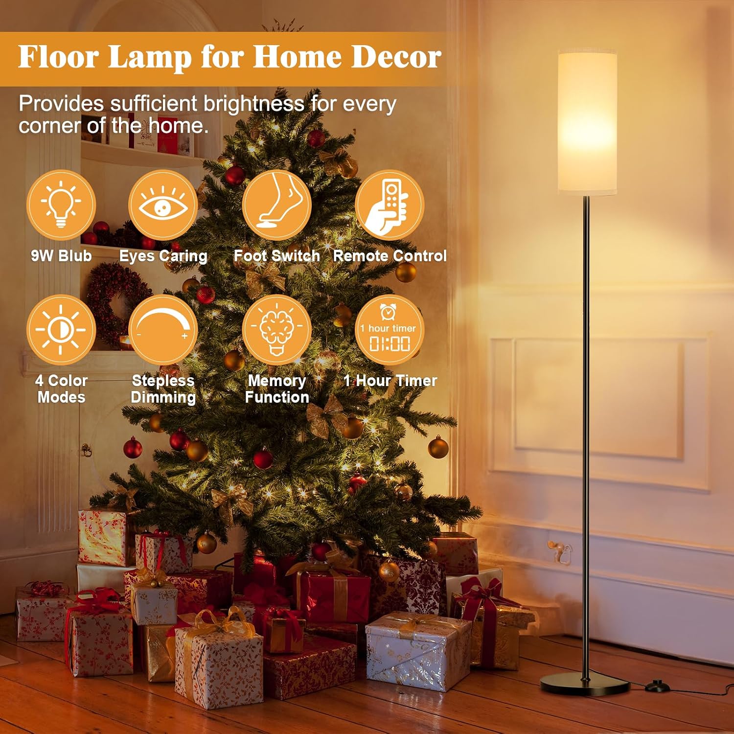 Detalle 2 de Aooshine grey corner floor lamp with remote control, stepless dimming and 3 colour temperatures