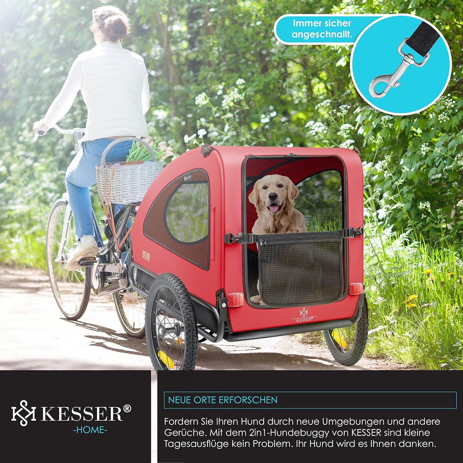 Detalle de KESSER Hundeanhänger Boxer 2-in-1 Hundebuggy – Fahrradanhänger, ca. 250 l, bis 45 kg, klappbar