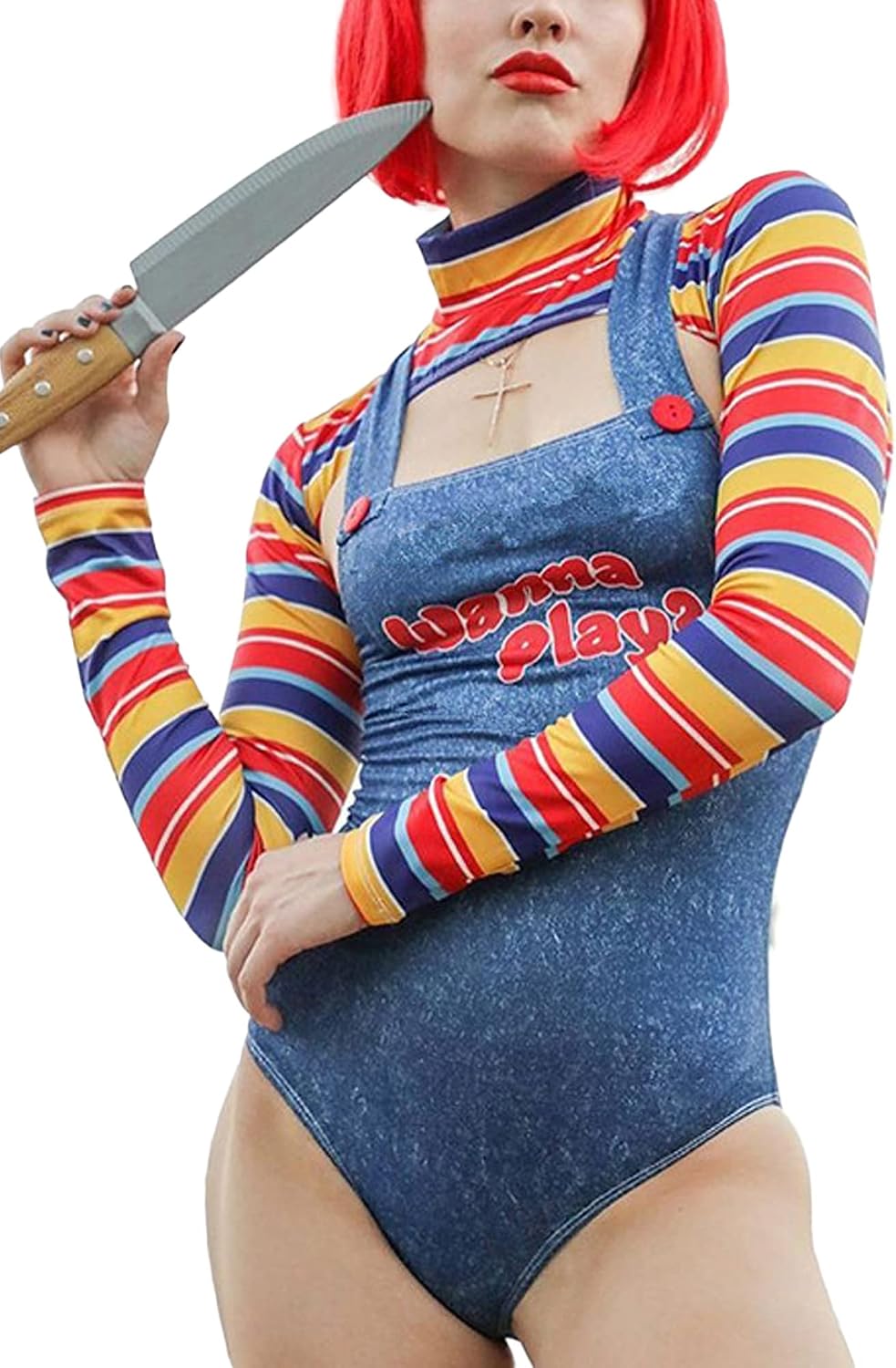 ensswliz Women's Chucky Halloween Costume Set, B-Blue, Size S