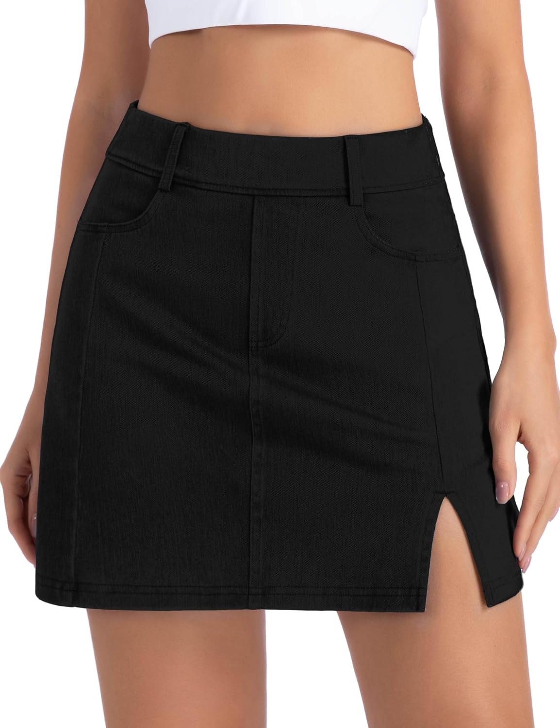 Detalle 2 de THE GYM PEOPLE Women's Stretch Denim Mini Skort with 4 Pockets and Side Slit