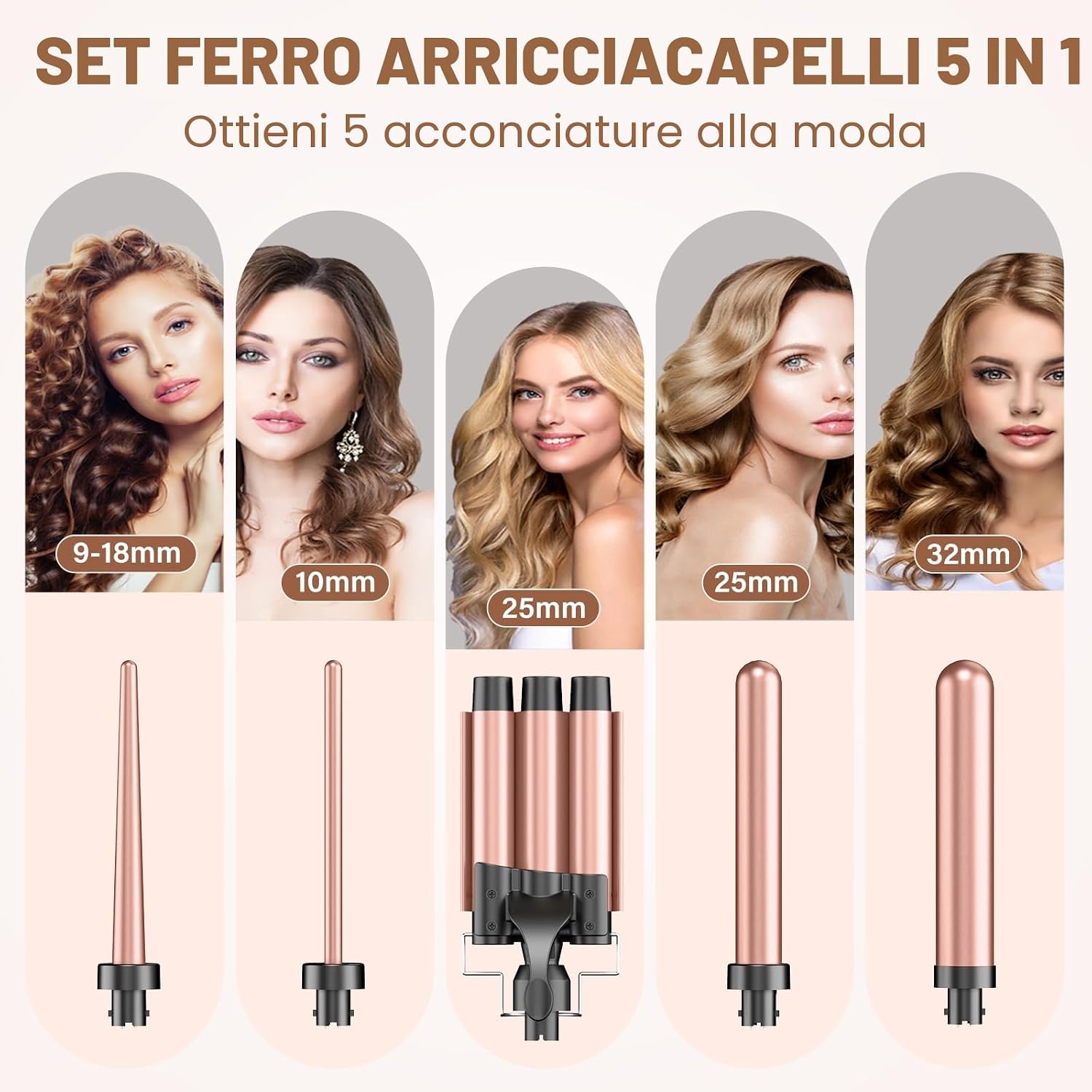 Detalle de BESTOPE PRO Set arricciacapelli 5 in 1 con 3 fusti in ceramica (9-18/10/25/32 mm) e guanto
