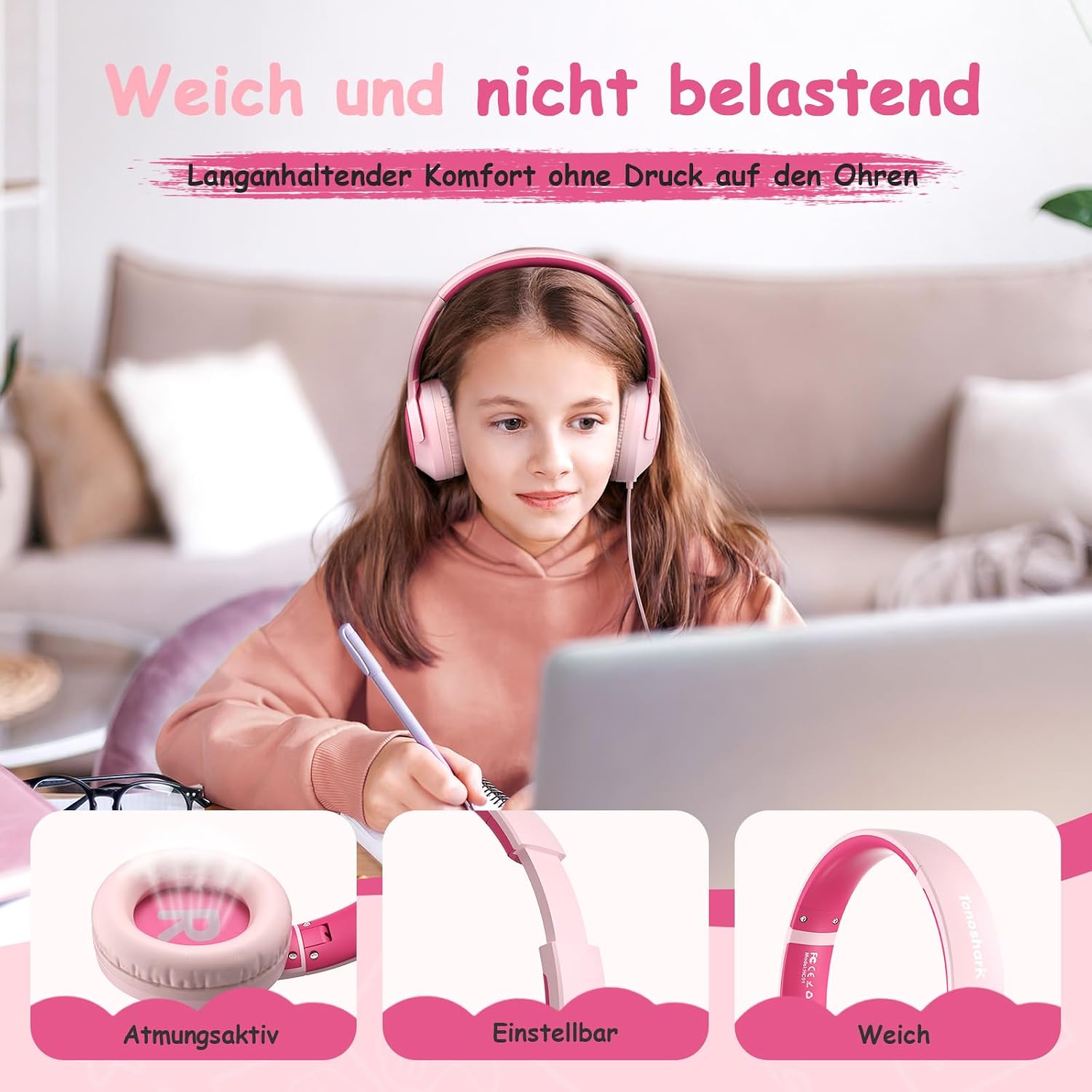 Detalle 2 de TONOSHARK Kinderkopfhörer mit Kabel klappbar (3,5-mm-Klinke), Mikrofon, Gehörschutz 85/94 dB – Rosa