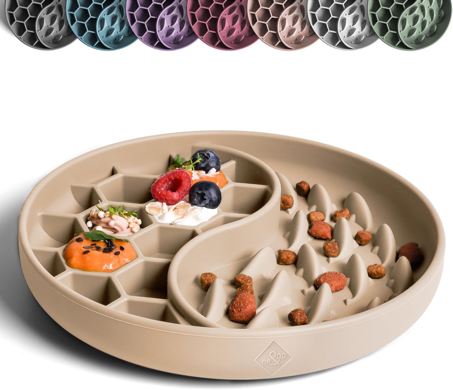 Detalle de ne&no® Anti Schling Napf & Lickmatte für Hunde und Katzen (Slow Feeder, große Saugnapf-Basis) – Taupe