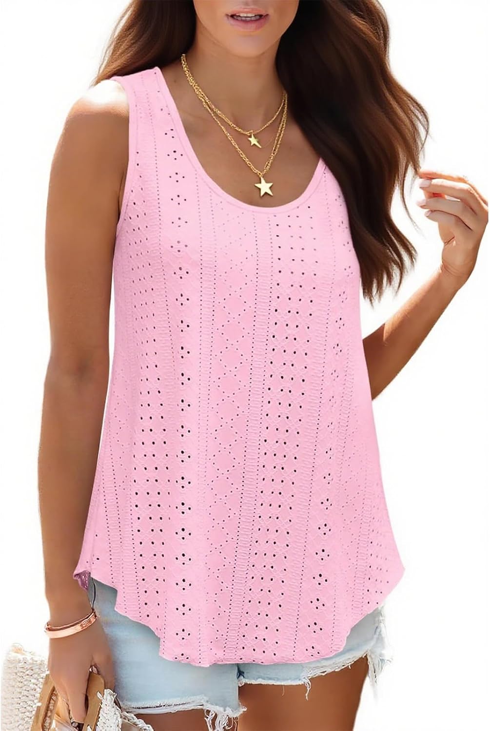 Detalle 2 de SEDEX Women's Loose Fit Tank Top: Sleeveless Spaghetti Straps, Eyelet Embroidery, Round Neck for Summer