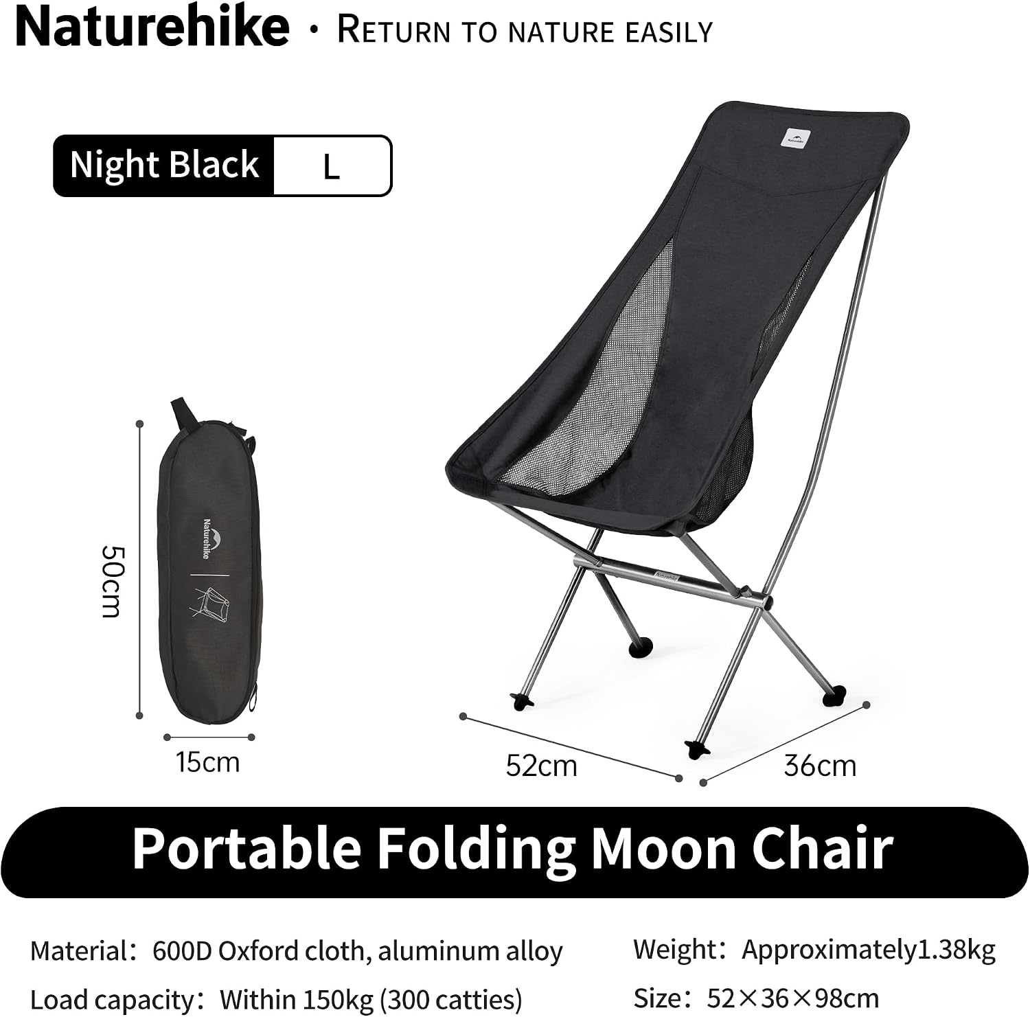 Detalle 2 de Naturehike NH18Y060-Z – składane krzesło kempingowe, wysokie oparcie, czarne L