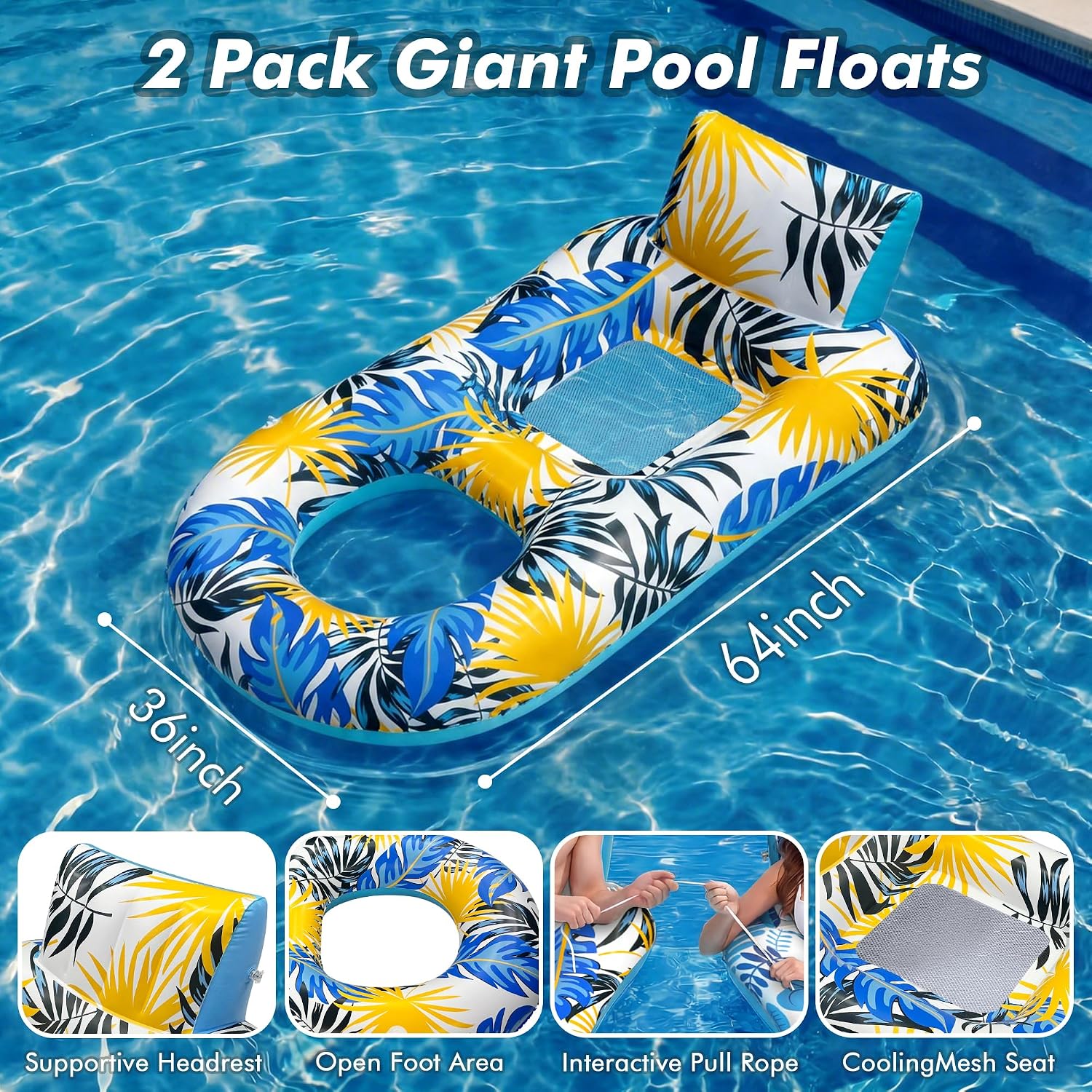 Thumbnail 5 de 2-Pack Adult Pool Float Loungers with Cup Holders, Backrest & Footrest (Pink/Blue)