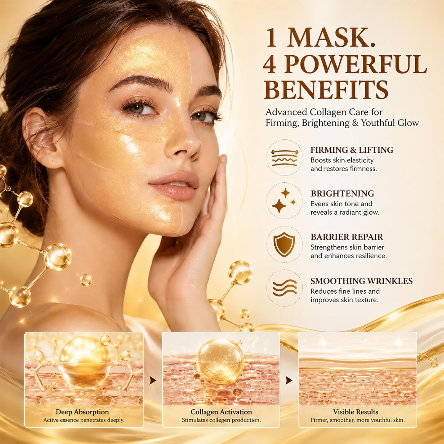 Detalle de Masque Collagene Visage Hydratant – Masque Hydrogel Doré à Double Partie