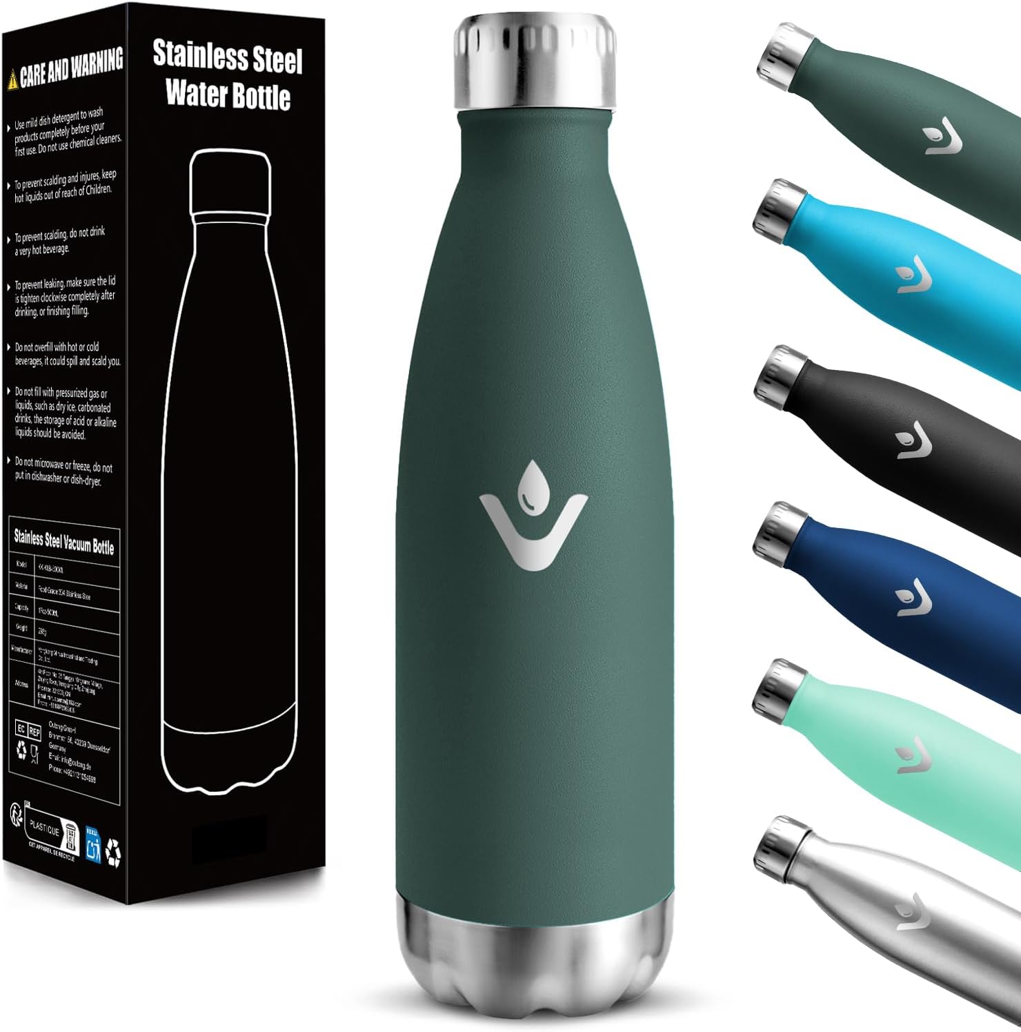 Motswedi Borraccia Termica Bambini da 500 ml in acciaio inox 18/8 a doppia parete, verde militare