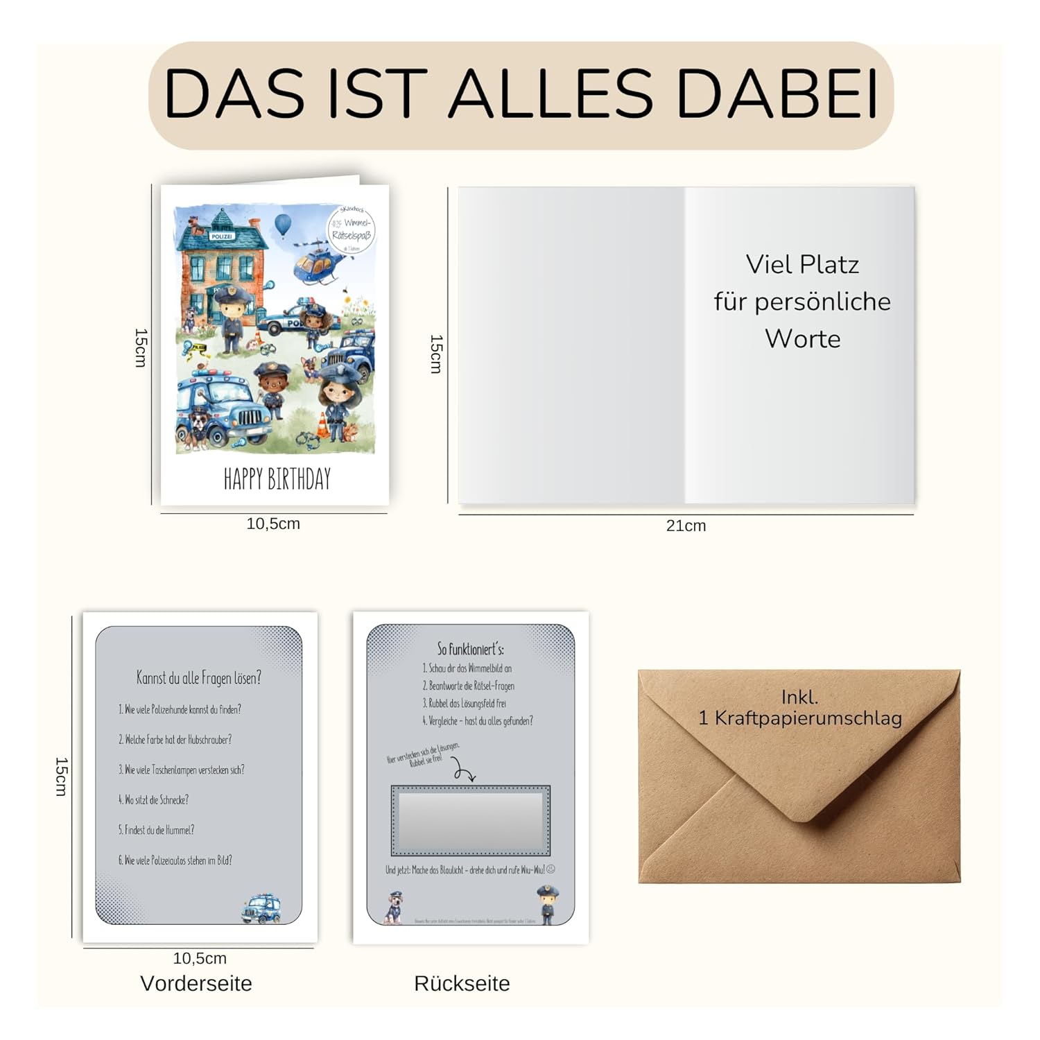 Thumbnail 6 de 3Käsehoch Geburtstagskarte für Kinder Polizei – Wimmelkarte mit Rätsel ab 3 Jahren