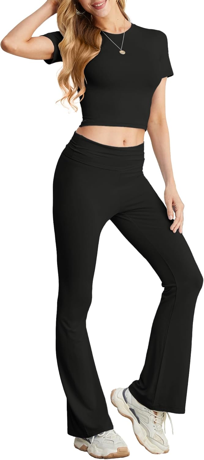 Thumbnail 1 de IWOLLENCE women’s loungewear set: short sleeve crop top & wide-leg trousers co-ord