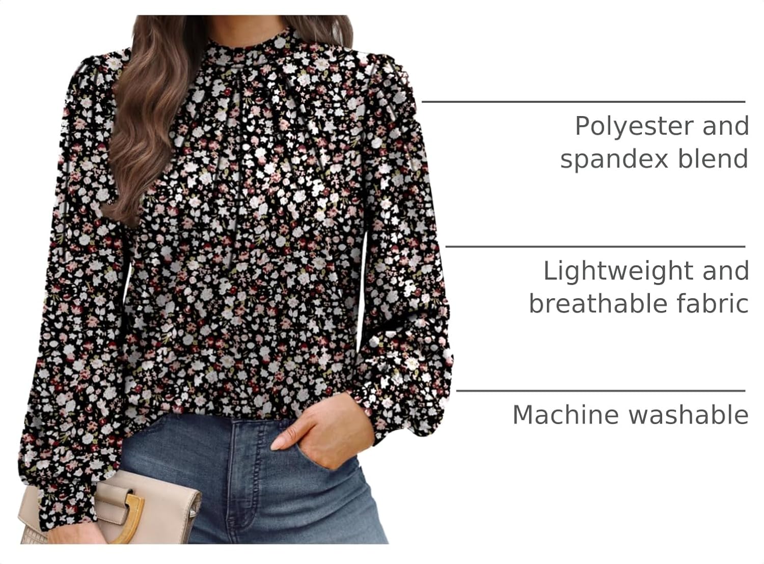 Detalle 2 de WIHOLL Long Sleeve Shirt for Women with Mock Neck and Pleated Front