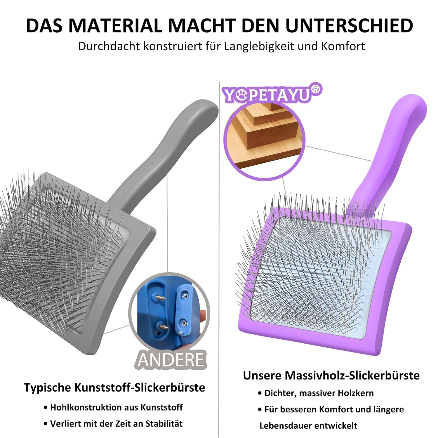 Detalle 2 de YOPETAYU Slicker Bürste mit Holzgriff – extra lange Borsten (25 mm) für Langhaarfell von Hunden und Katzen