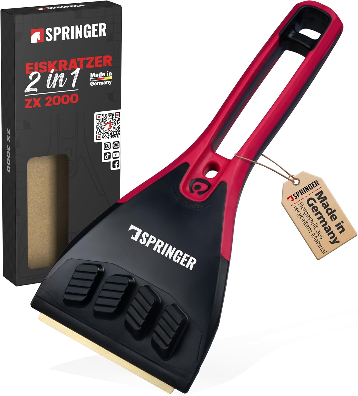 Detalle de SPRINGER ZX2000 isskrapa med mässingsblad, fyra isbrytare och halkfritt grepp