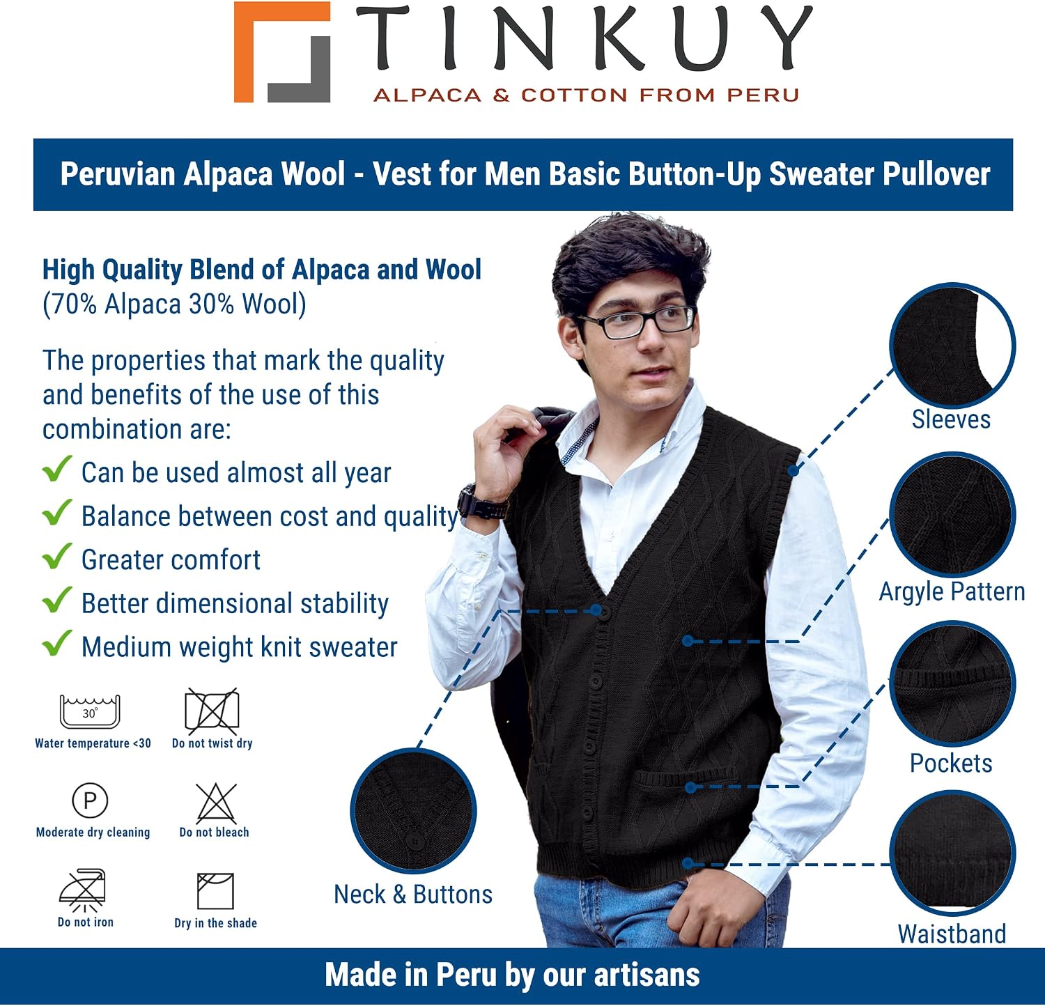 Detalle de TINKUY Peru Men's Alpaca Wool Cardigan Vest