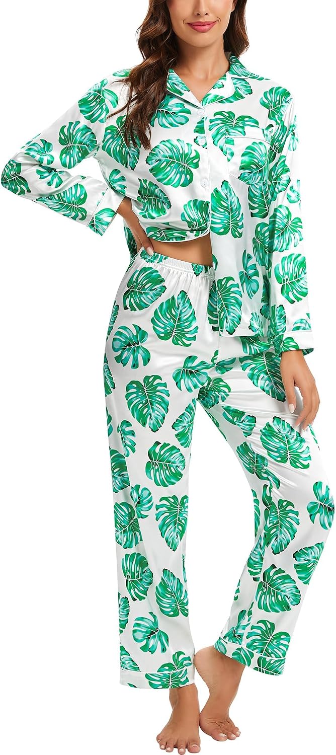 Thumbnail 6 de SWOMOG Women's Silk Satin Long Sleeve Two-Piece Pyjama Set