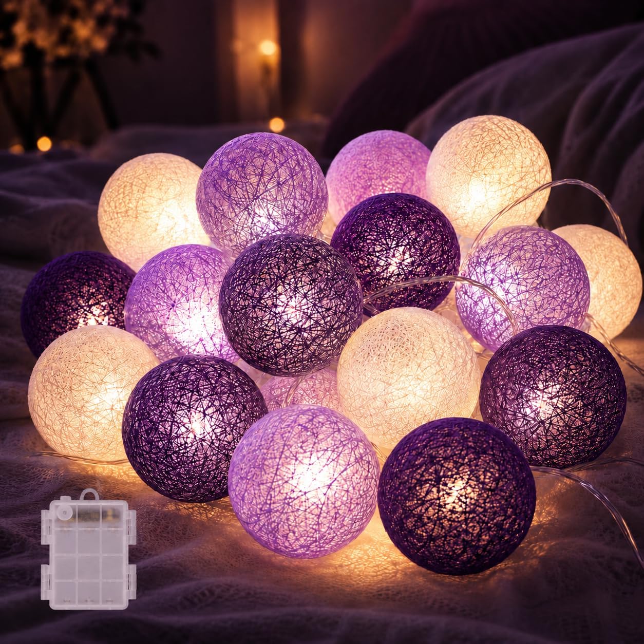 Detalle de LED Lichterkette Baumwollkugeln 3,3 m – batteriebetrieben, 20 Kugeln, IP44