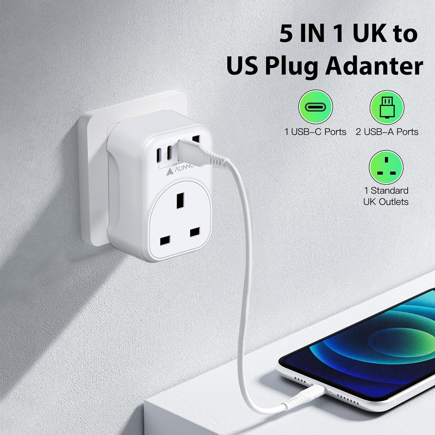 Thumbnail 5 de AUNNO UK to US Plug Adaptor (Type B) with 20W Charging and 4 USB Ports