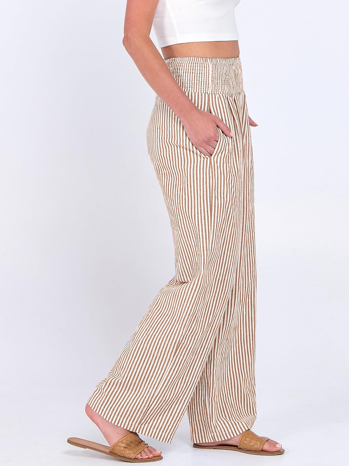Detalle de ANRABESS Striped Gingham Palazzo Pants — Wide-Leg, Smocked High-Waisted Pajama/Lounge Pants with Pockets