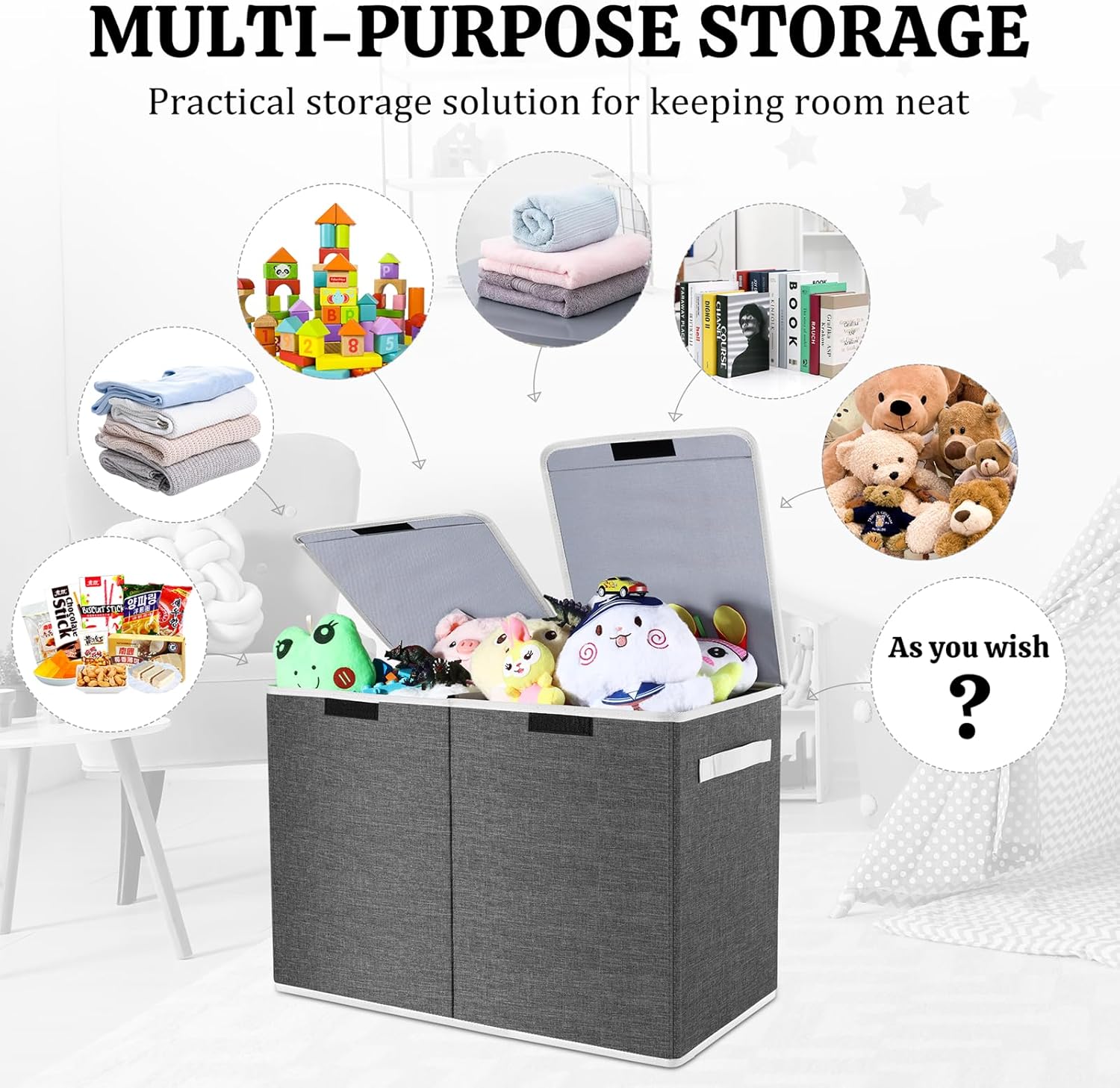 Thumbnail 2 de Linkmonde foldable kids toy storage box with lid & handle (58x30x39cm) in grey