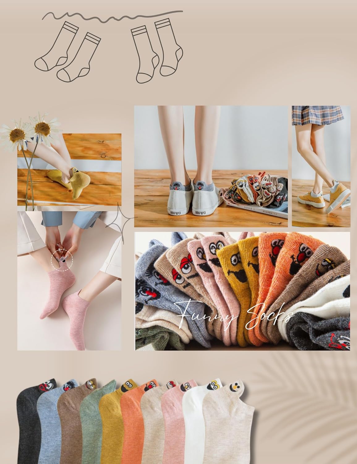 Thumbnail 5 de Sporzin Sneaker-Socken für Damen (2 Größen: 35–38 & 39–42) – 10 Paar bunte Baumwoll-Sneaker-Socken mit Stickerei