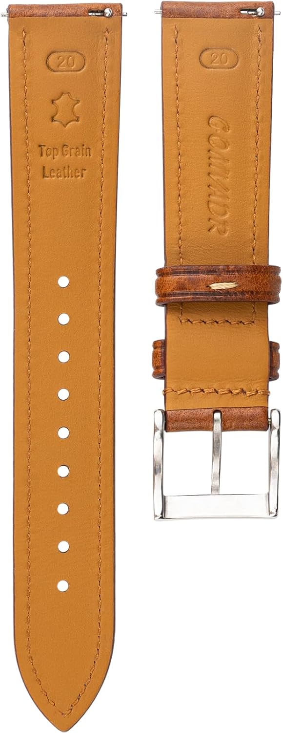 Detalle de Gomvadr Leder Uhrenarmband (pflanzlich gegerbtes Top-Grain), Schnellspanner-Ersatzband – Cognac/Silber, 21 mm (Kontrastnaht)