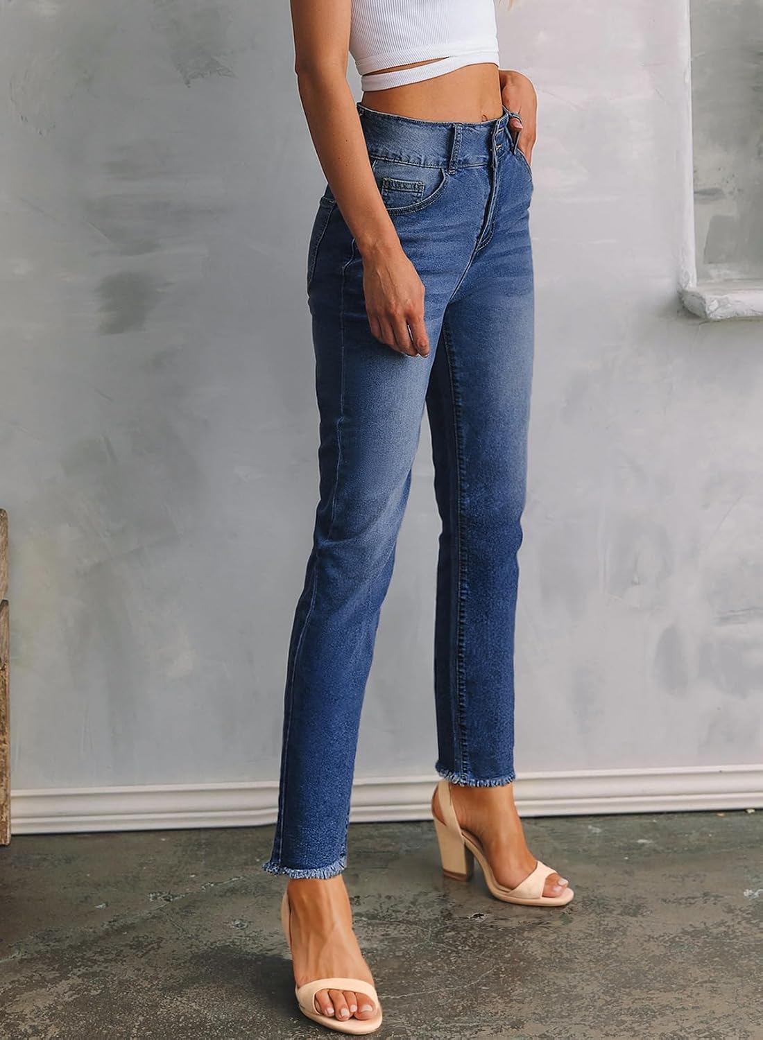 Detalle 1 de Sidefeel Women's Raw-Hem Straight-Leg Jeans, High Waist, Double Button