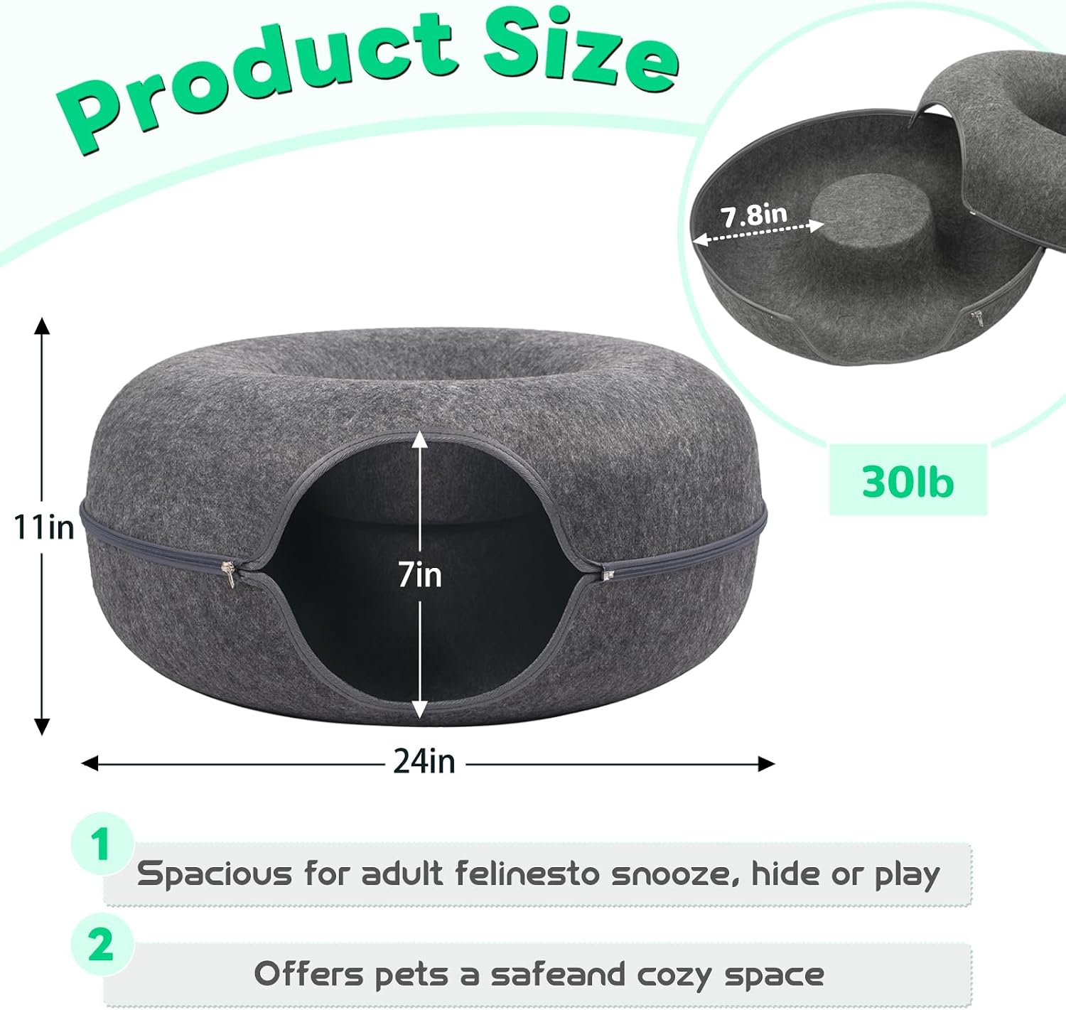 Detalle 2 de Heeyoo Hy-MZCCBT Cat Cave, 24-In Donut Tunnel, Dark Gray, 7-In Opening