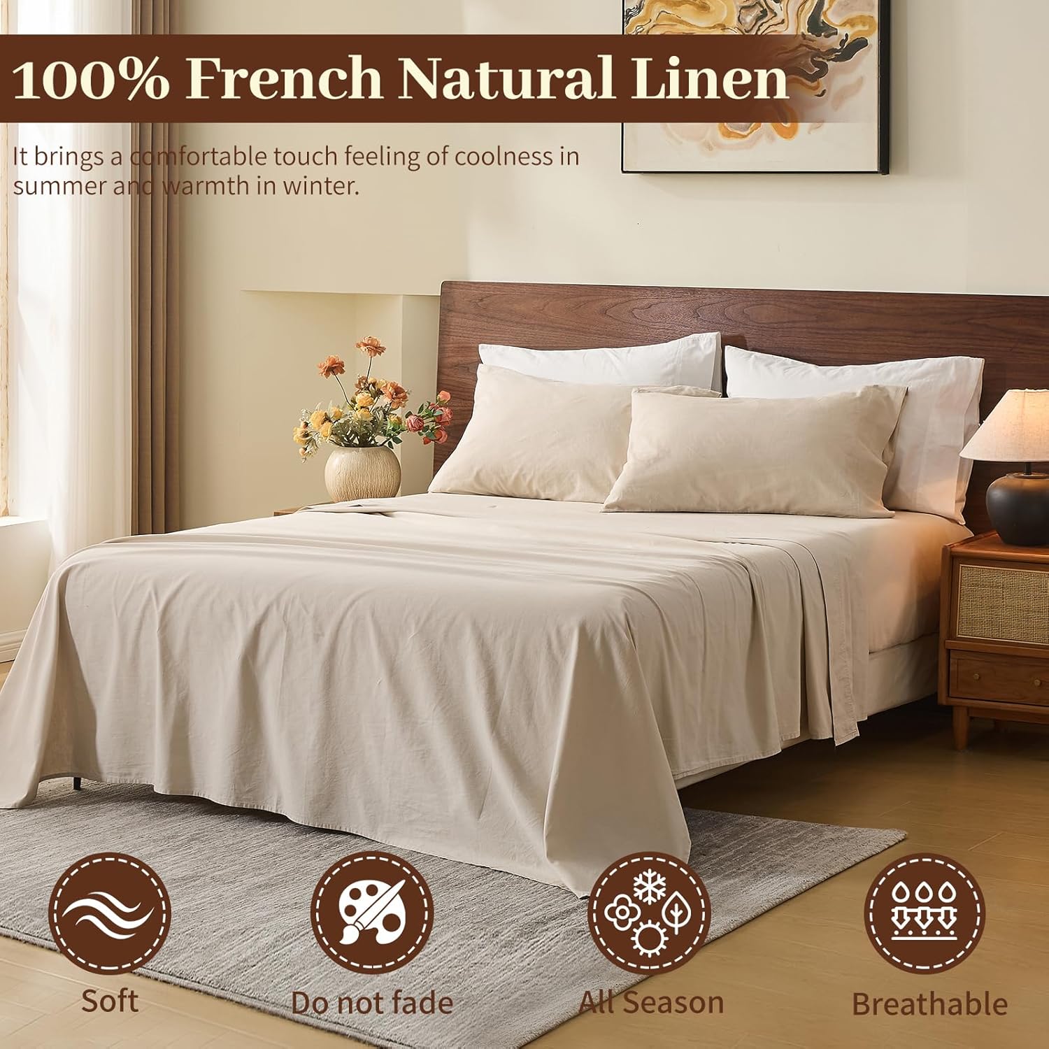 Thumbnail 1 de MEISHANG 100% French Pure Linen Sheets Queen Size (4-Piece Set) with 16" Deep Pocket