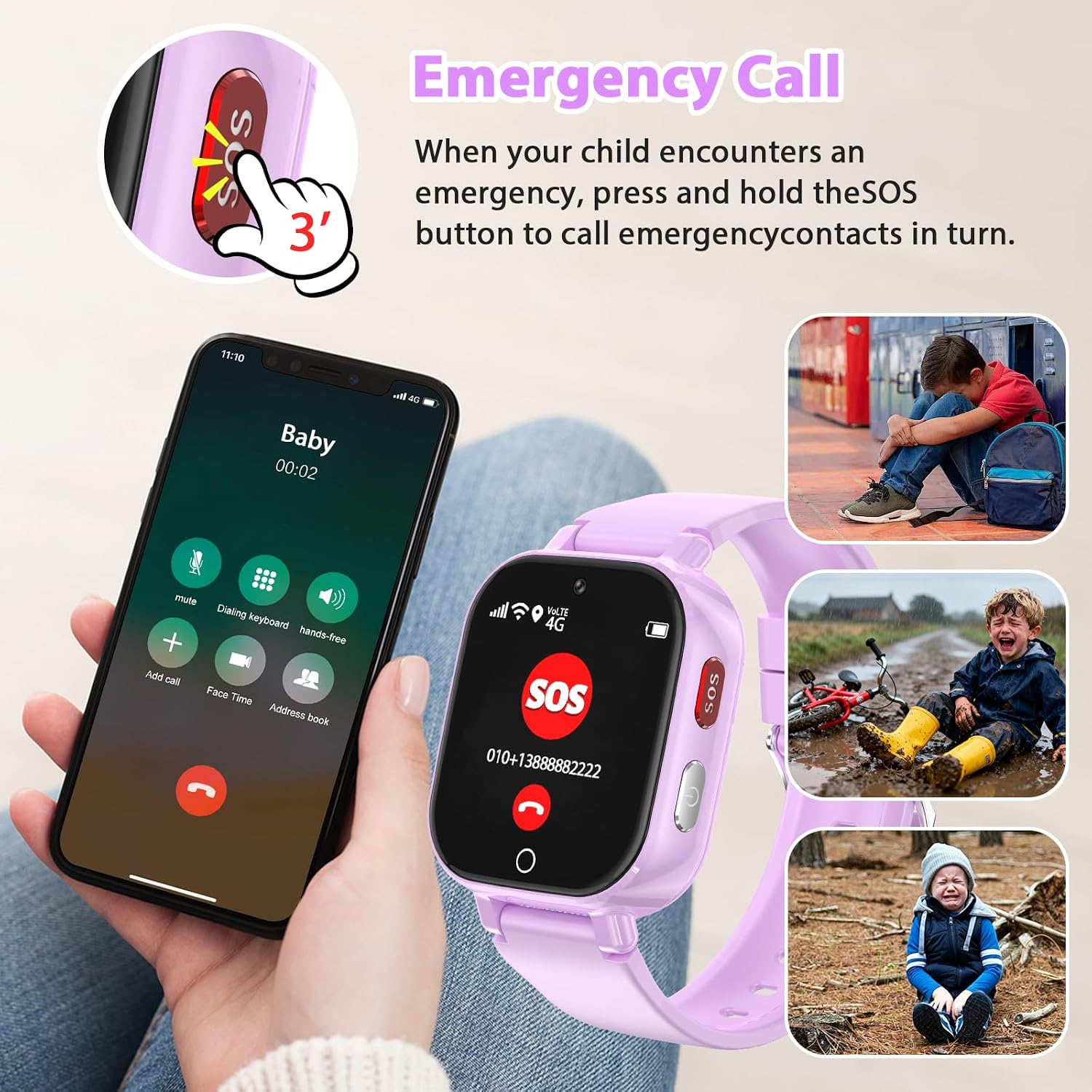 Detalle de Smartwatch Bambini 4G con Videochiamata, GPS, SOS e Modalità Classe – Lila-8A