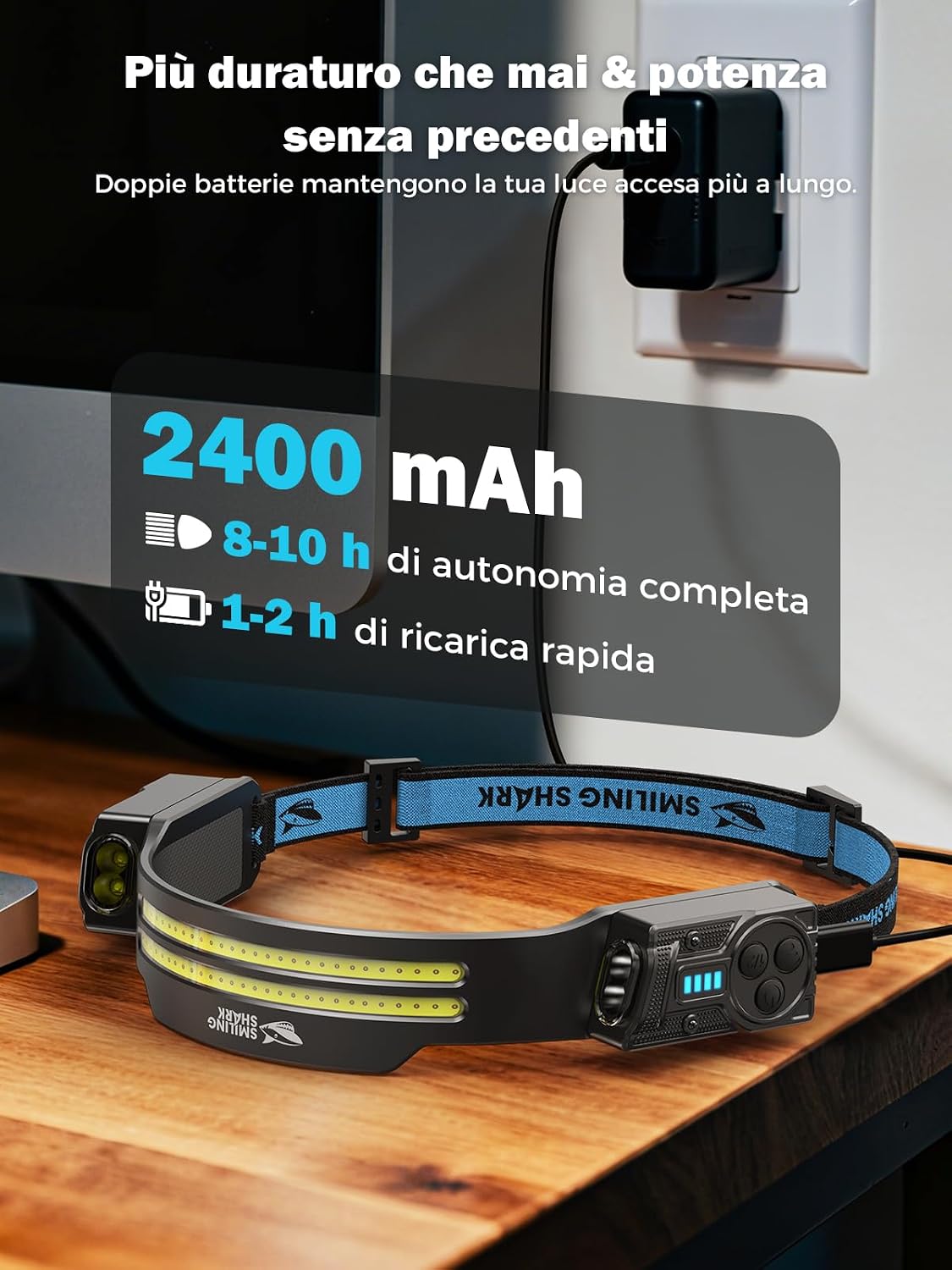 Detalle de Smiling Shark Lampada Frontale 2 Pezzi: Testa LED Ricaricabile con Sensore Movimento, 2400 mAh