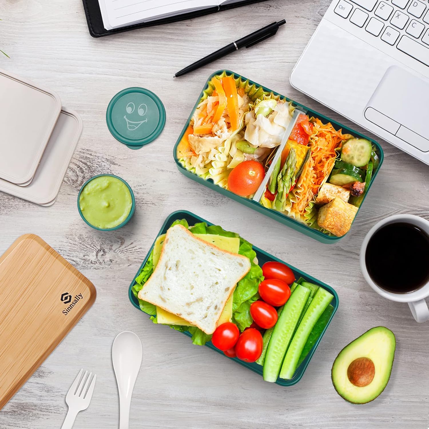 Thumbnail 3 de Sinnsally Bento lunchbox voor volwassenen, 1400 ml, 2 vakken, Scandinavisch groen