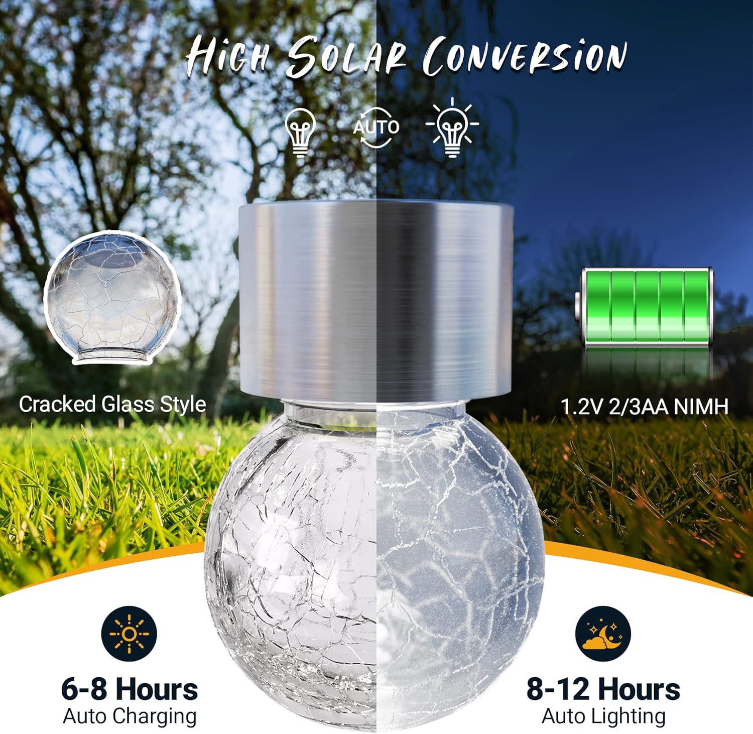 Thumbnail 2 de GIGALUMI Solar Crackle Glass Hanging Lights with Handle for Garden, Yard and Patio (Cool White)