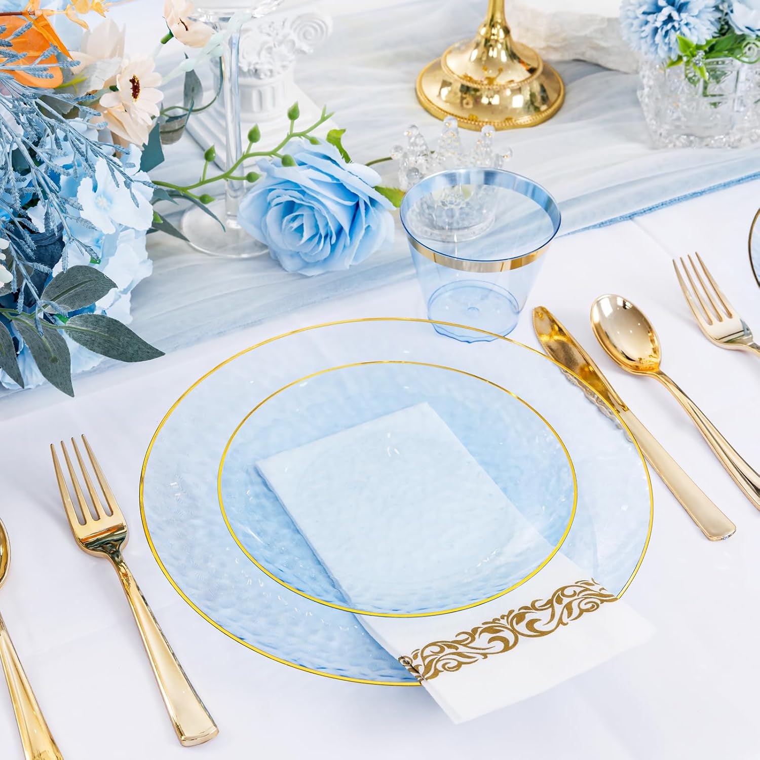 Thumbnail 1 de DaYammi 350PCS Clear Blue Gold Plastic Dinnerware Set for 50 Guests