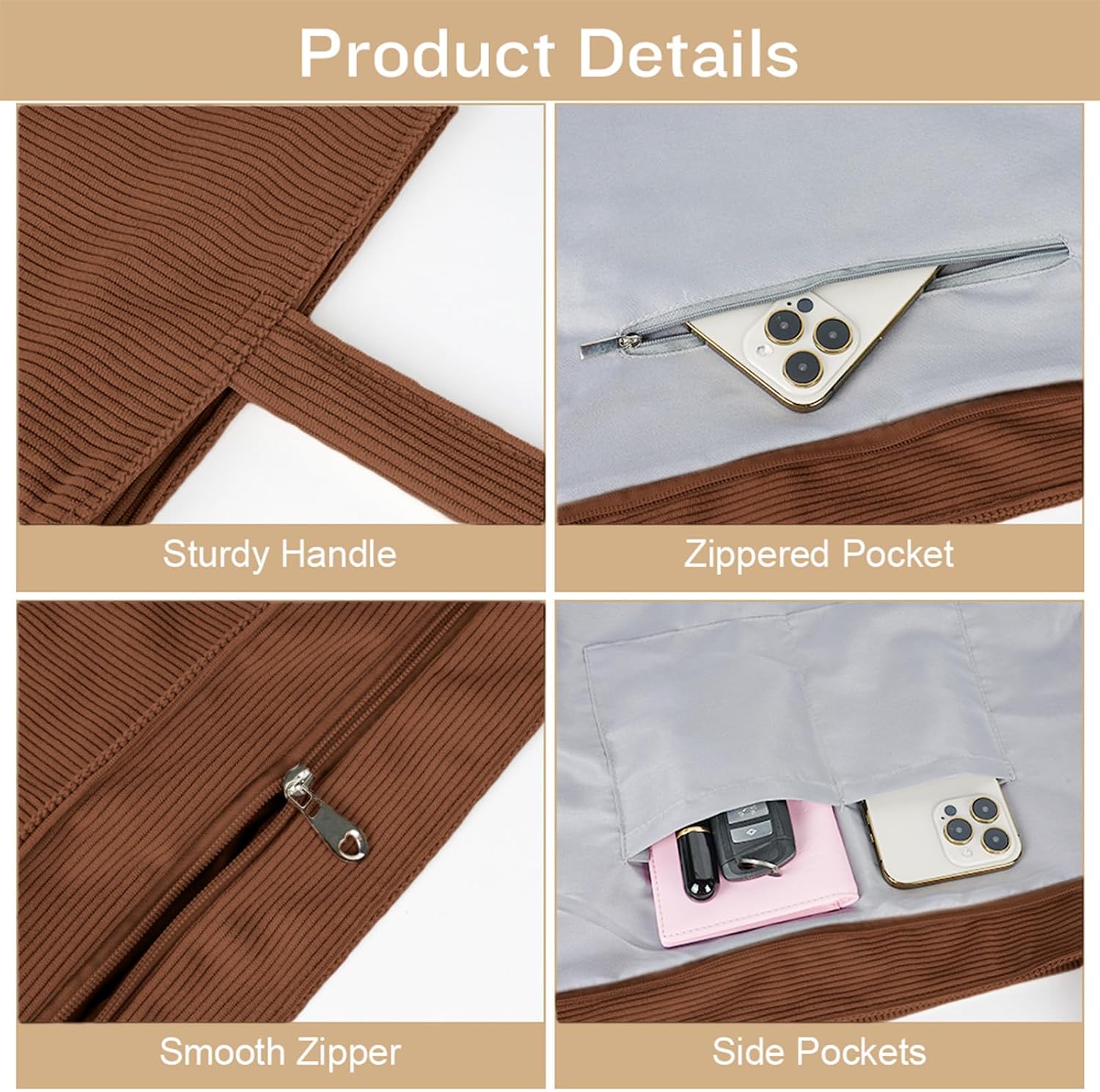 Detalle de flintronic Corduroy Tote Bag for Women – Large Capacity, Waterproof with Zipper