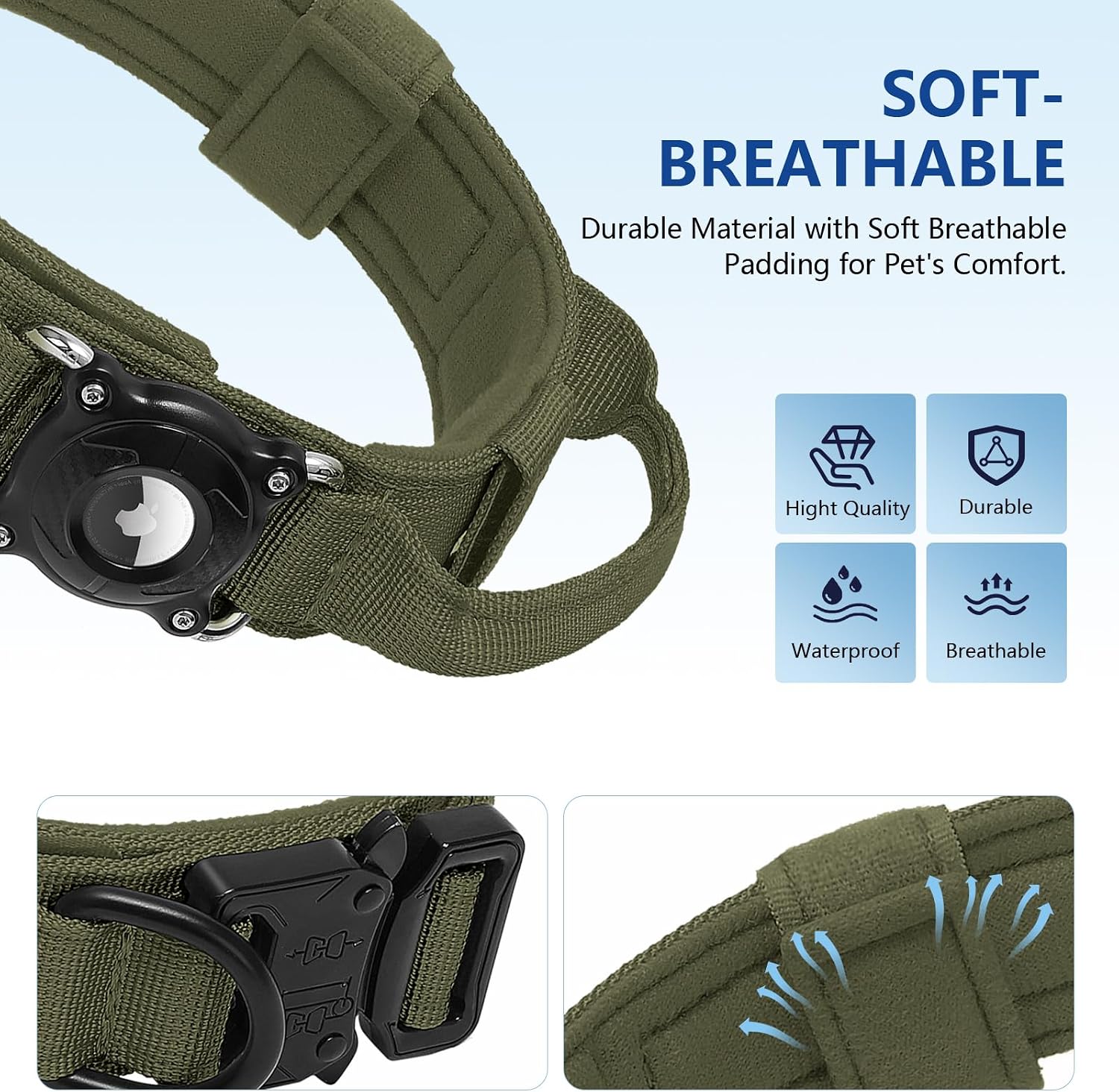 Detalle de Taghelp Tactical Dog Collar with Waterproof AirTag Holder, Metal Buckle and Handle