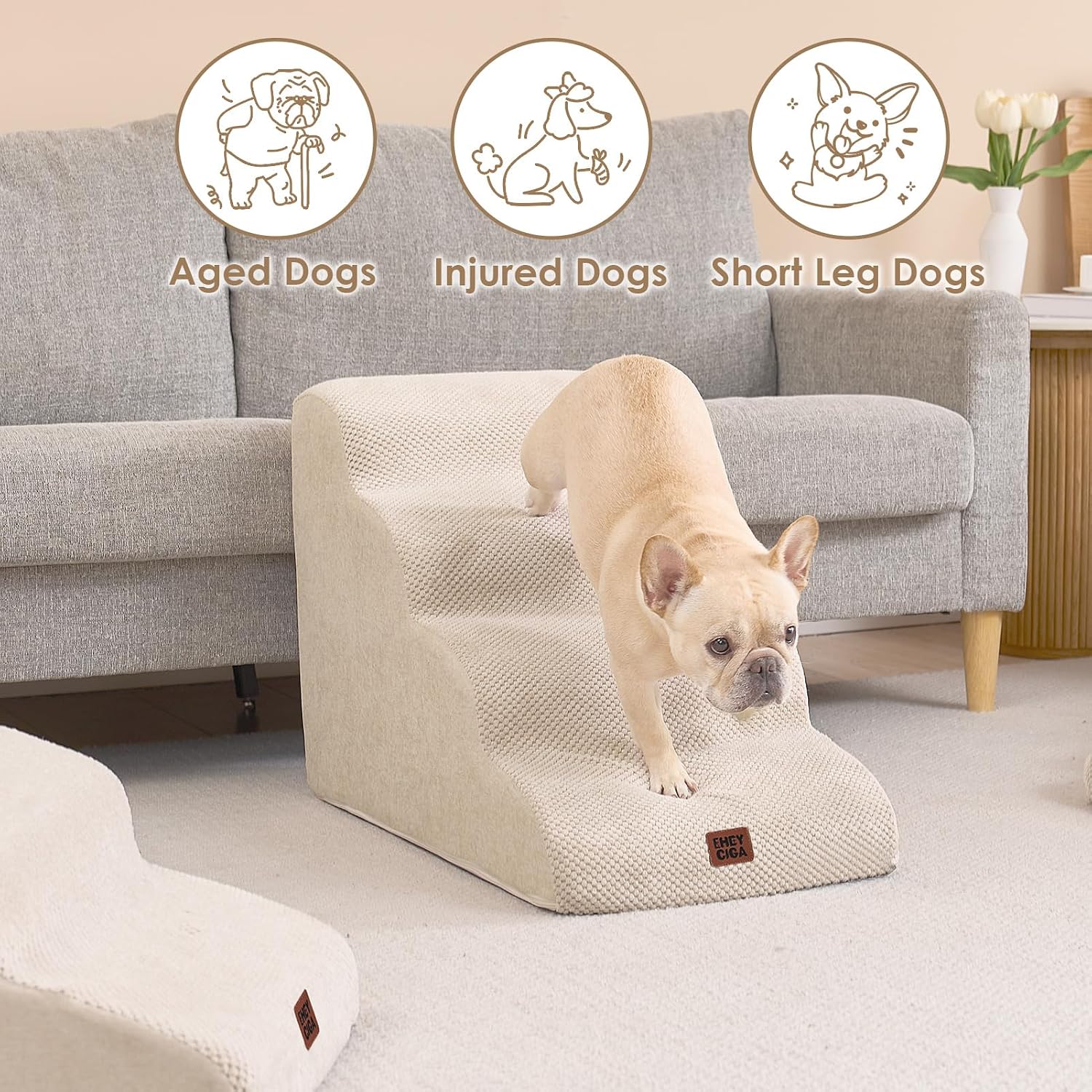 Detalle de EHEYCIGA Hundetreppe für kleine Hunde (4 Stufen, 50 cm hoch) – mit waschbarem Bezug, rutschfestem Boden, Beige