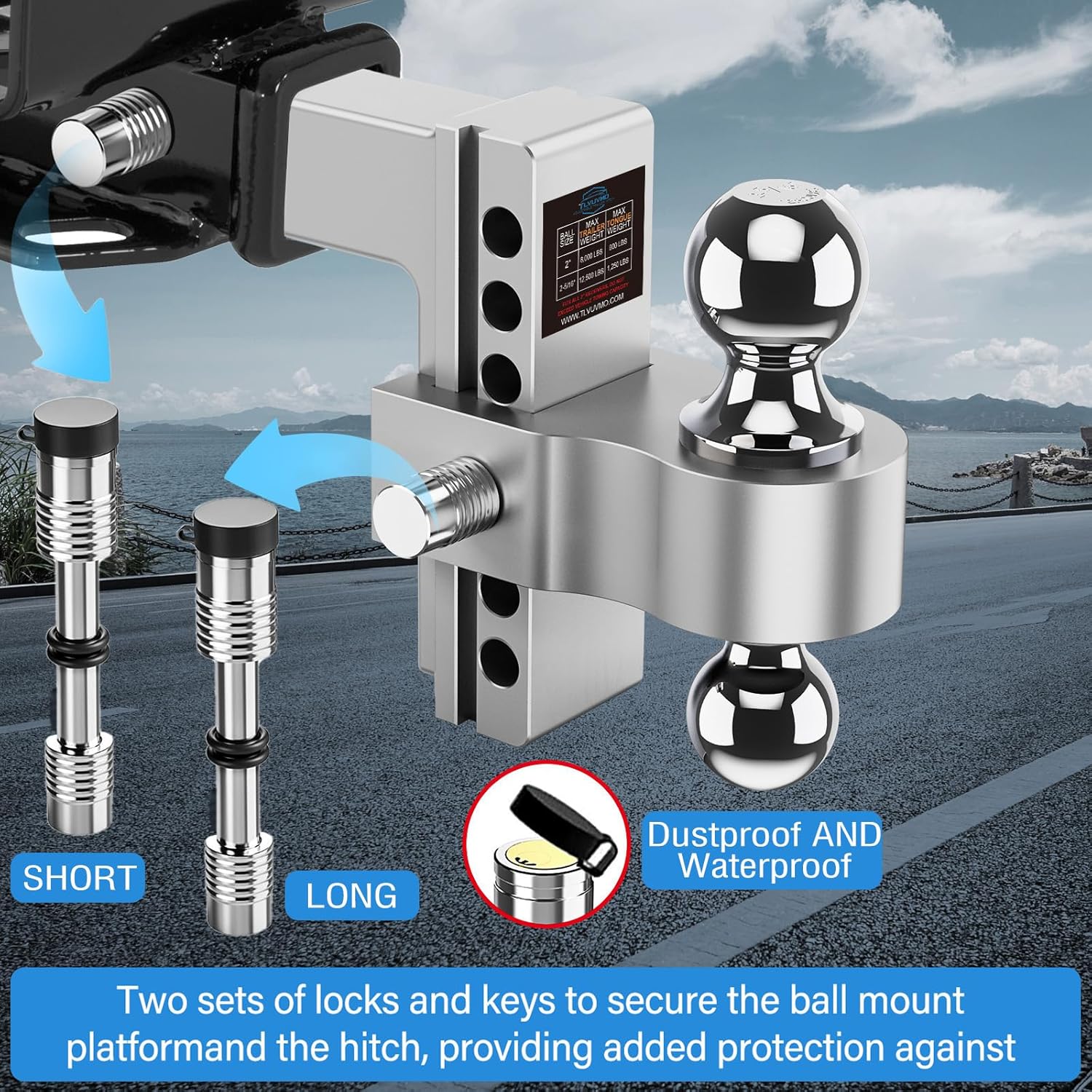 Thumbnail 3 de Tlvuvmo Adjustable Trailer Hitch 6-Inch Drop Hitch Ball Mount (2-Inch Receiver, Dual-Ball 12,500 LBS GTW)