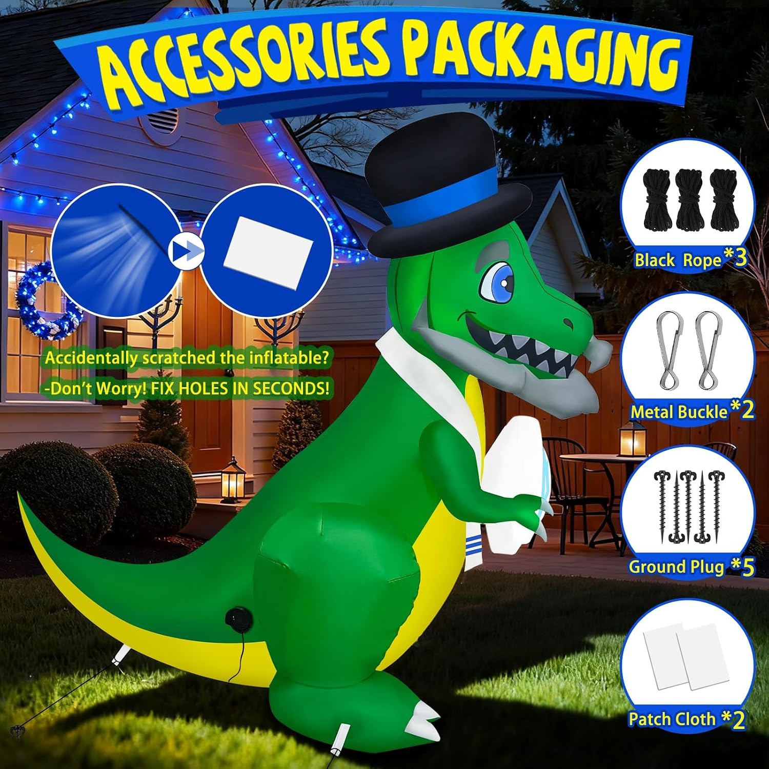 Thumbnail 2 de Kalolary K511 Hanukkah Inflatable Dinosaur with Multicolor LEDs, 5-Foot