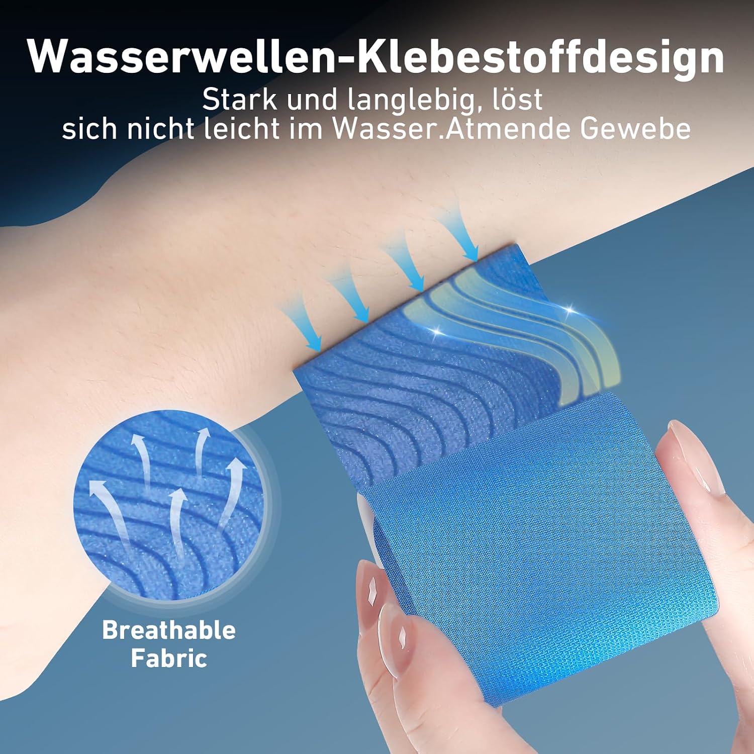 Detalle 2 de PreCut Kinesiotapes Kinesiologie-Tapes (vorgeschnitten) für Knie – wasserfest, elastisch & hautfreundlich, 10 Streifen – blau