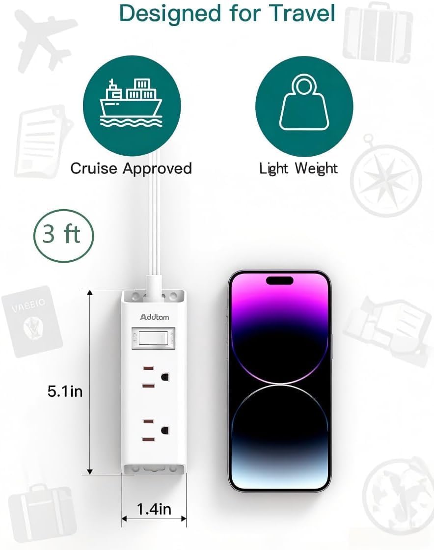 Detalle de Addtam AD308 3 ft Power Strip with Flat Plug and 6 Outlets