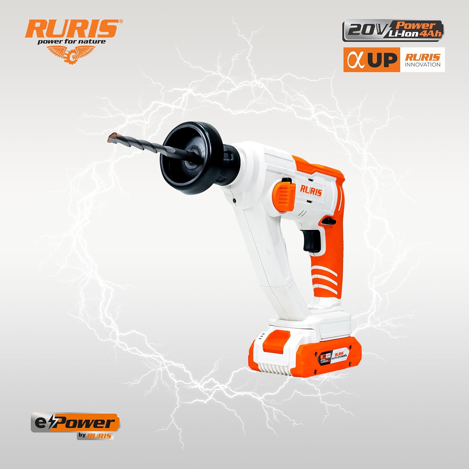 Detalle de RURIS RMX1210: Marteau perforateur sans fil SDS Plus 20V 4Ah avec LED, vitesse variable et forets 8/10/12 mm (pack inclus)