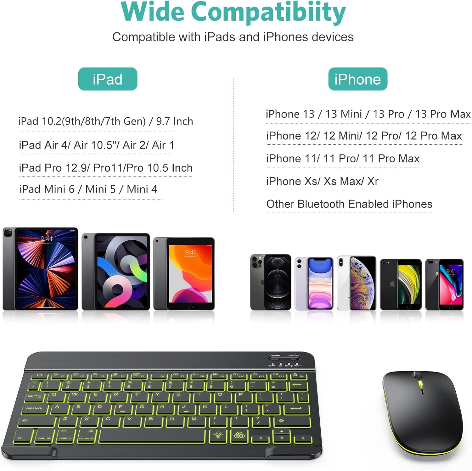 Thumbnail 2 de TECURS Bluetooth Keyboard and Mouse Combo for iPad (Rechargeable, 7-Color Backlit) – Black