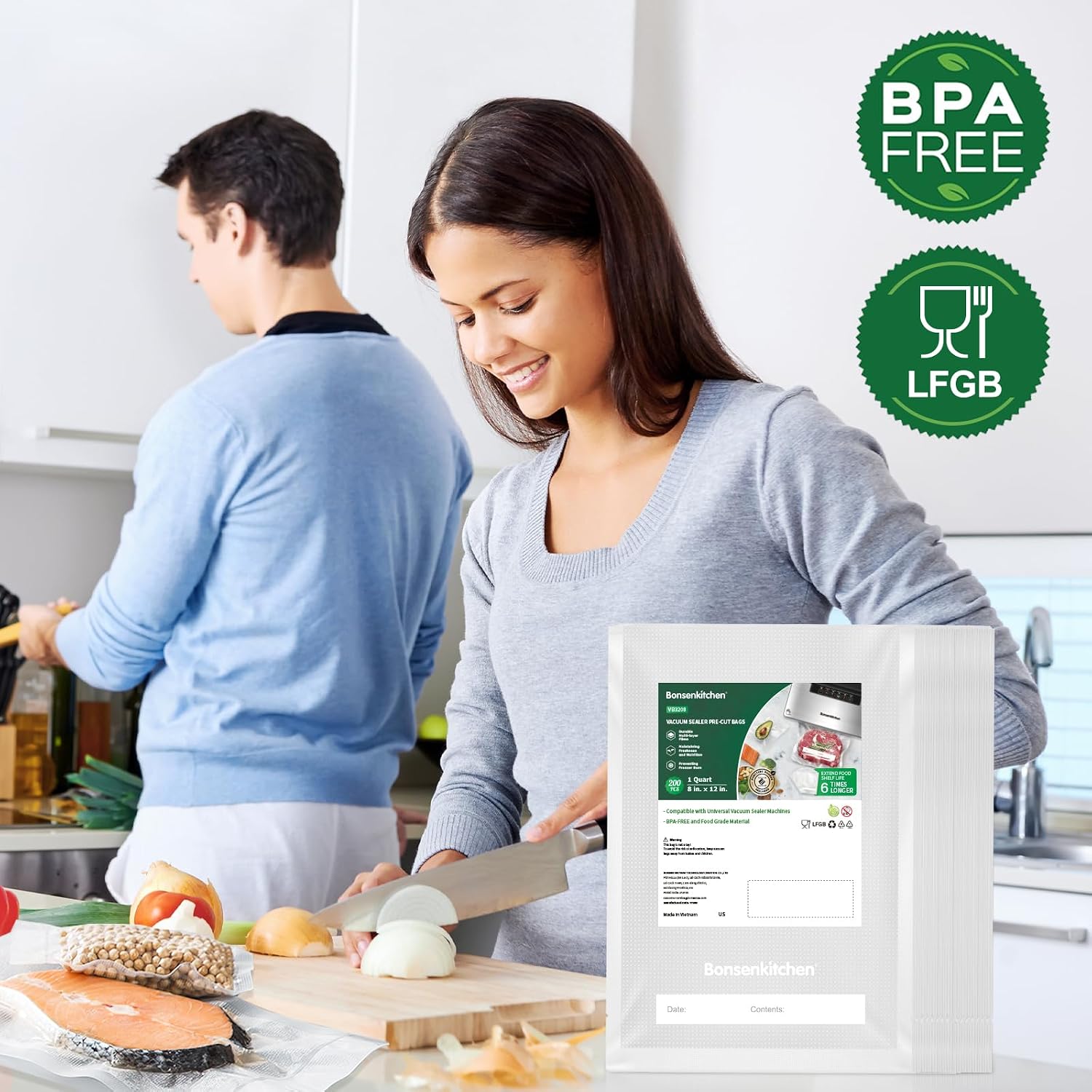 Detalle 2 de Bonsenkitchen VB3208 Vacuum Sealer Bags, 8" x 12", 200 Count, BPA-Free