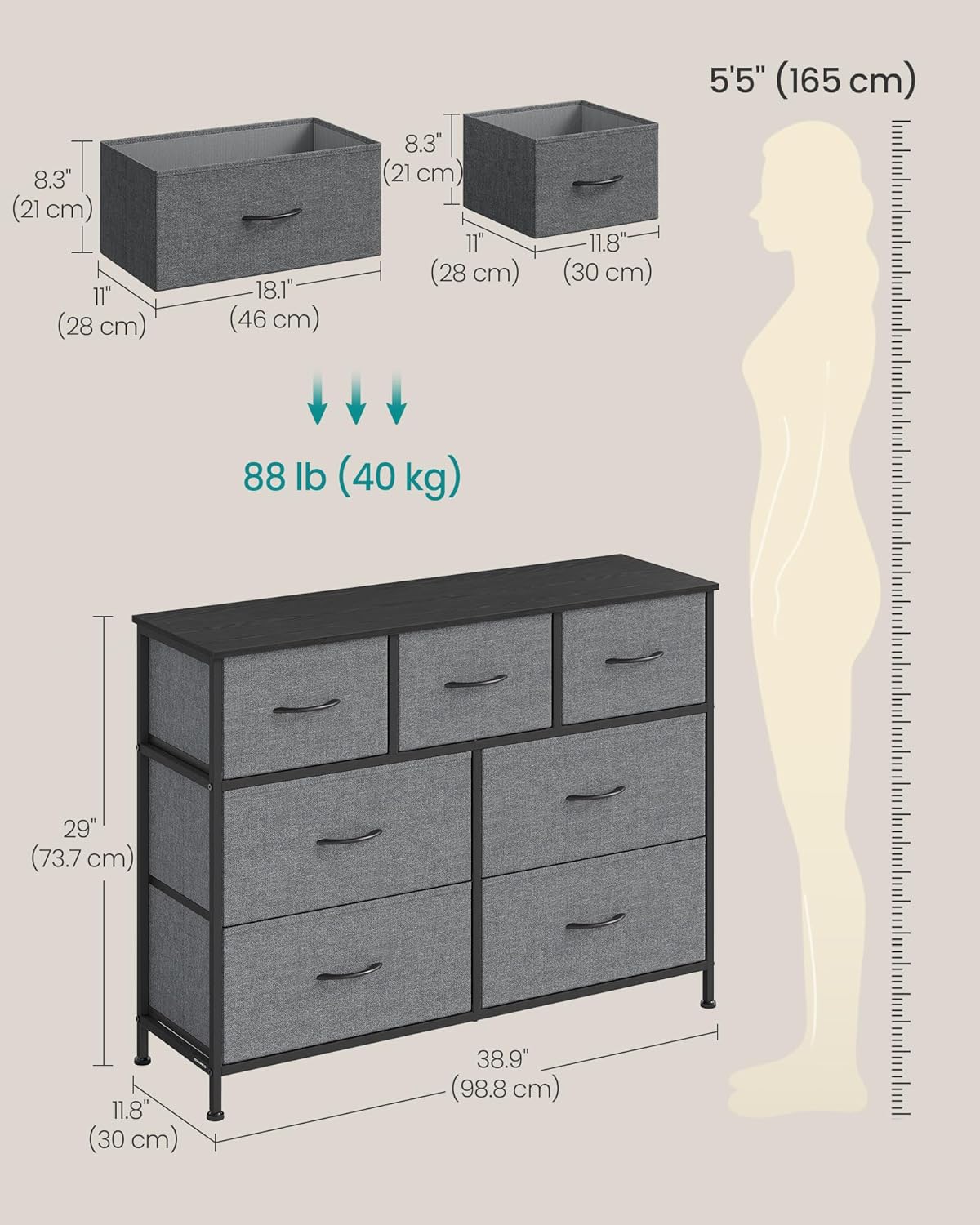 Detalle de SONGMICS BELLAH 9-drawer chest of drawers (steel, slate grey) LGS324G101